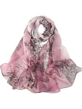 Women's Grass Pink Fashion Lightweight Head Scarf Floral Print Chiffon Scarves